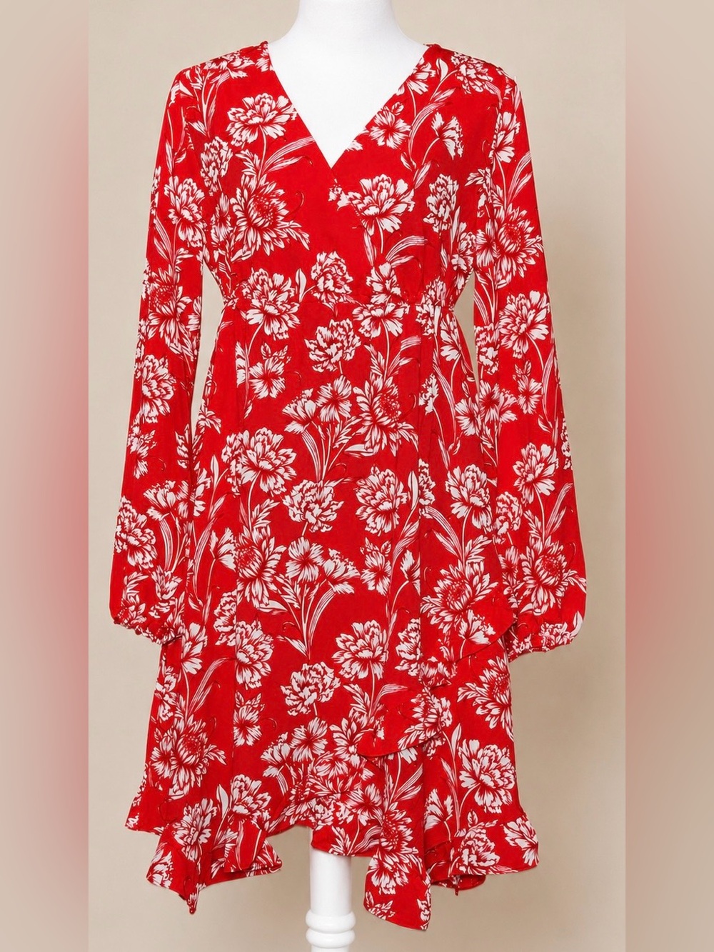 INC Red Floral Faux Wrap Dress Large Ruffle Hem